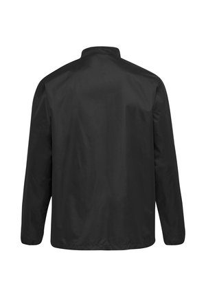 Czarna kurtka z długim rękawem pokazana od tyłu z wysokim kołnierzem i gładkim, jednolitym wykończeniem tkaniny.