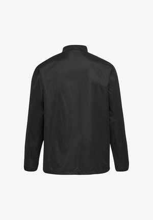 Czarna kurtka z długim rękawem pokazana od tyłu z wysokim kołnierzem i gładkim, jednolitym wykończeniem tkaniny.