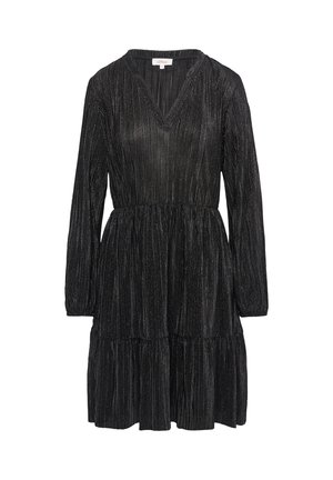 Robe noire à manches longues, décolleté en V et jupe évasée. Fabriquée dans un tissu texturé avec des fils métalliques pour un effet scintillant.