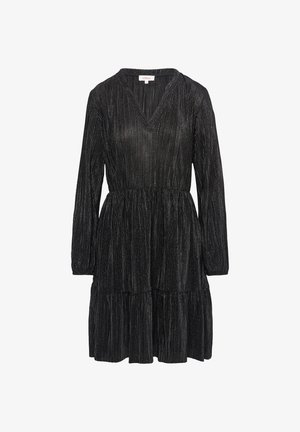 Robe noire à manches longues, décolleté en V et jupe évasée. Fabriquée dans un tissu texturé avec des fils métalliques pour un effet scintillant.