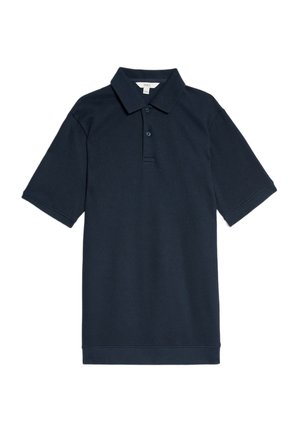 Polo shirt blu navy realizzato in tessuto texturizzato, con colletto, patta con tre bottoni e maniche corte. Nessun motivo o accento visibile.