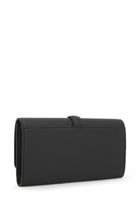 Black leather wallet with a smooth texture, rectangular shape, and a simplified closure. Features embossed brand logo on the front.