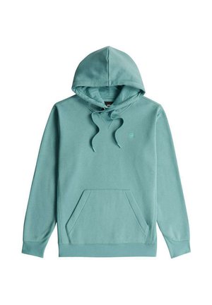 Felpa con cappuccio color verde acqua chiaro, con tasca a marsupio frontale e cappuccio con coulisse regolabile, mostrata su sfondo bianco.