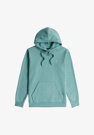 Felpa con cappuccio color verde acqua chiaro, con tasca a marsupio frontale e cappuccio con coulisse regolabile, mostrata su sfondo bianco.