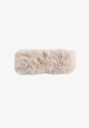 Faux fur hoofdband in lichtbeige, met een zachte, donzige textuur, een rechthoekige vorm en ronde uiteinden, geschikt voor koud weer.