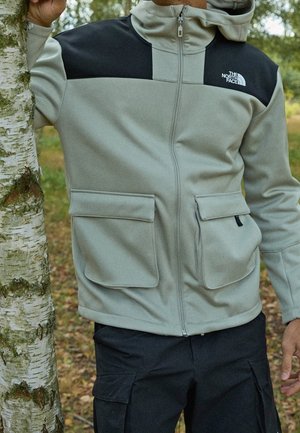 Person, die eine hellgraue und schwarze The North Face Jacke mit großen Fronttaschen trägt, steht draußen und lehnt den Arm an eine Birke.