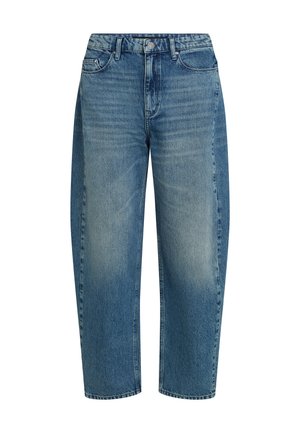 Jean en denim bleu à coupe décontractée, avec un design à cinq poches et un effet délavé sur les zones avant des cuisses.