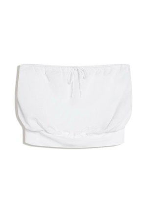 Weißes trägerloses Tube-Top mit einem Kordelzug in der Mitte und elastischem Saum am unteren Rand.