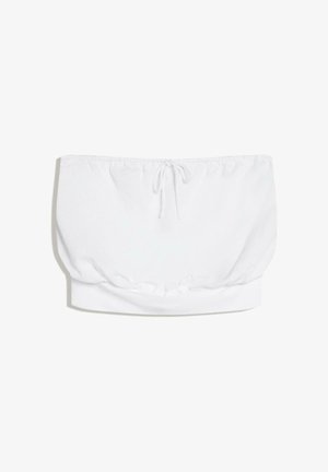 Witte strapless buisvormige top met een trekkoord in het midden en een elastische zoom aan de onderkant.