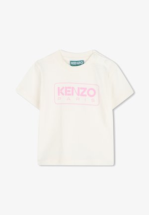 Witte katoenen T-shirt met korte mouwen, met een zacht roze rechthoekige graphic met de tekst "KENZO PARIS" aan de voorkant. Inclusief drukknoopsluitingen op de schouders.