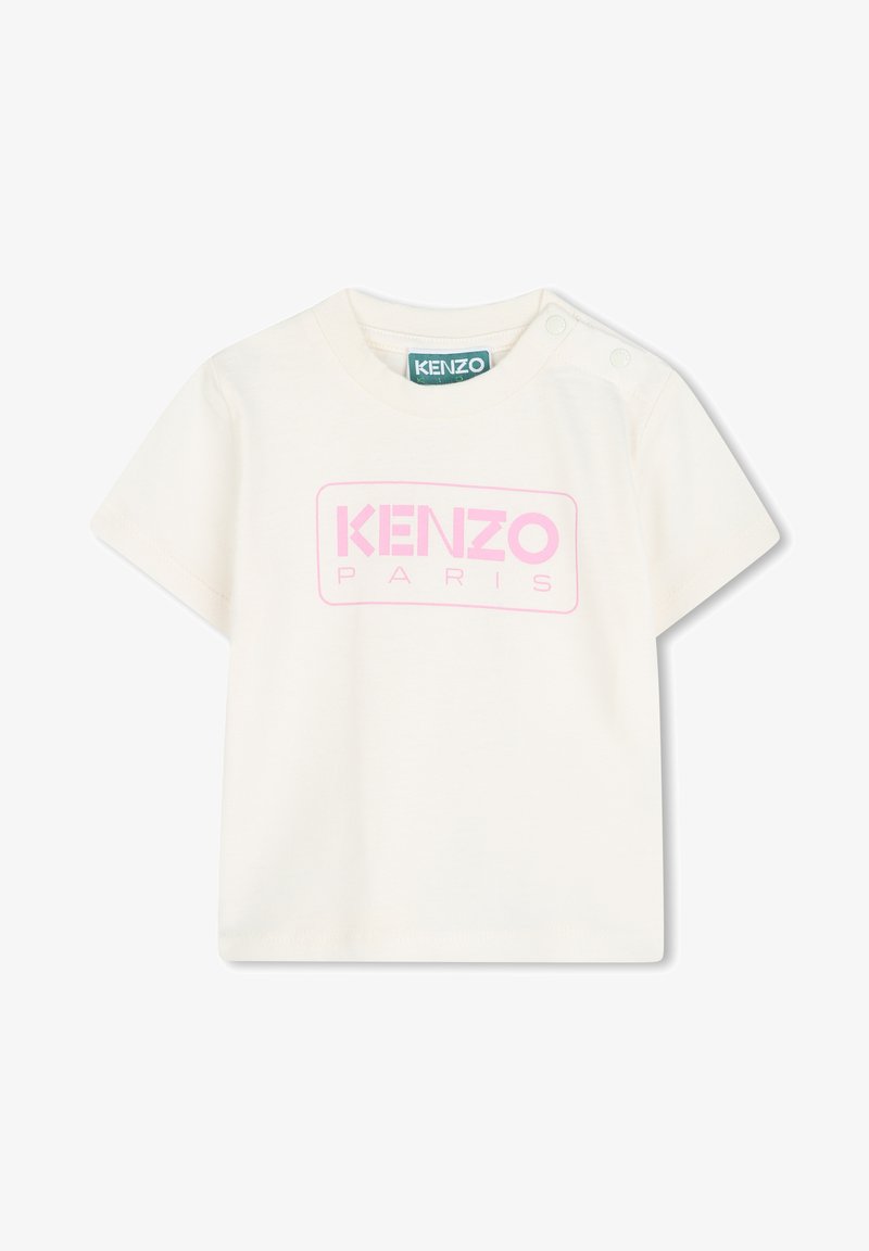 Witte katoenen T-shirt met korte mouwen, met een zacht roze rechthoekige graphic met de tekst "KENZO PARIS" aan de voorkant. Inclusief drukknoopsluitingen op de schouders.