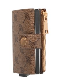 Bruine portemonnee met patroon en ritssluiting, voorzien van een drukknop, gemaakt van leer en een compact rechthoekig formaat.