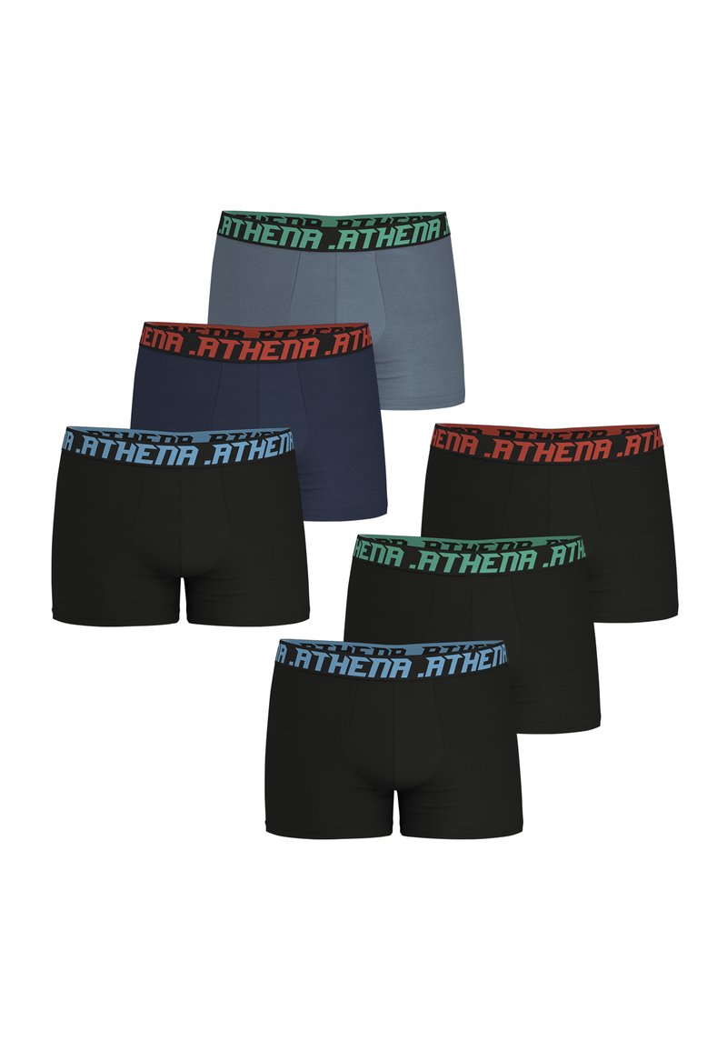 Six paires de caleçons boxers de différentes couleurs : noir, marine, gris, avec des ceintures élastiques à motifs en rouge, bleu, vert et noir.