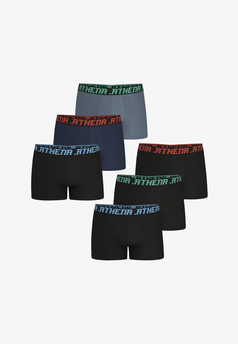 Six paires de caleçons boxers de différentes couleurs : noir, marine, gris, avec des ceintures élastiques à motifs en rouge, bleu, vert et noir.
