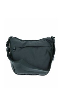Borsa a spalla in tessuto nero con finitura texturizzata, chiusura superiore con zip, tracolla regolabile e dettaglio anello esterno.