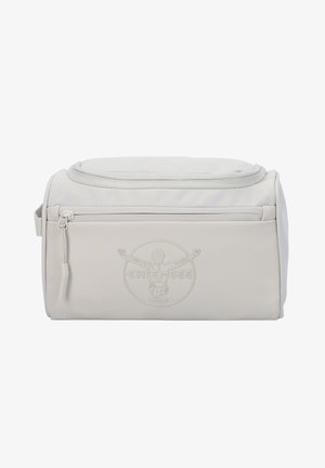 White bag with a soft, textured surface. Features a top zipper and an embossed logo on the front, complemented by a strap on the side.