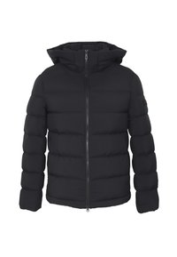 Giacca a vento nera con chiusura a zip, cappuccio e design trapuntato. Presenta una texture liscia e una vestibilità aderente. Nessun logo o motivo visibile.