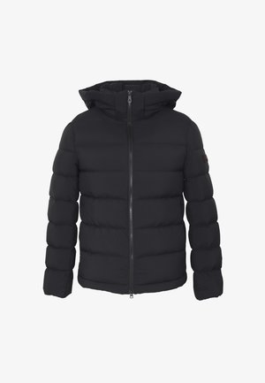 Giacca a vento nera con chiusura a zip, cappuccio e design trapuntato. Presenta una texture liscia e una vestibilità aderente. Nessun logo o motivo visibile.