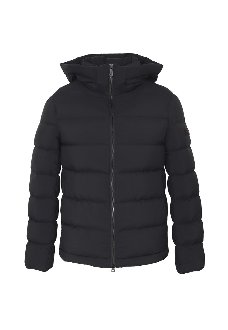 Giacca a vento nera con chiusura a zip, cappuccio e design trapuntato. Presenta una texture liscia e una vestibilità aderente. Nessun logo o motivo visibile.