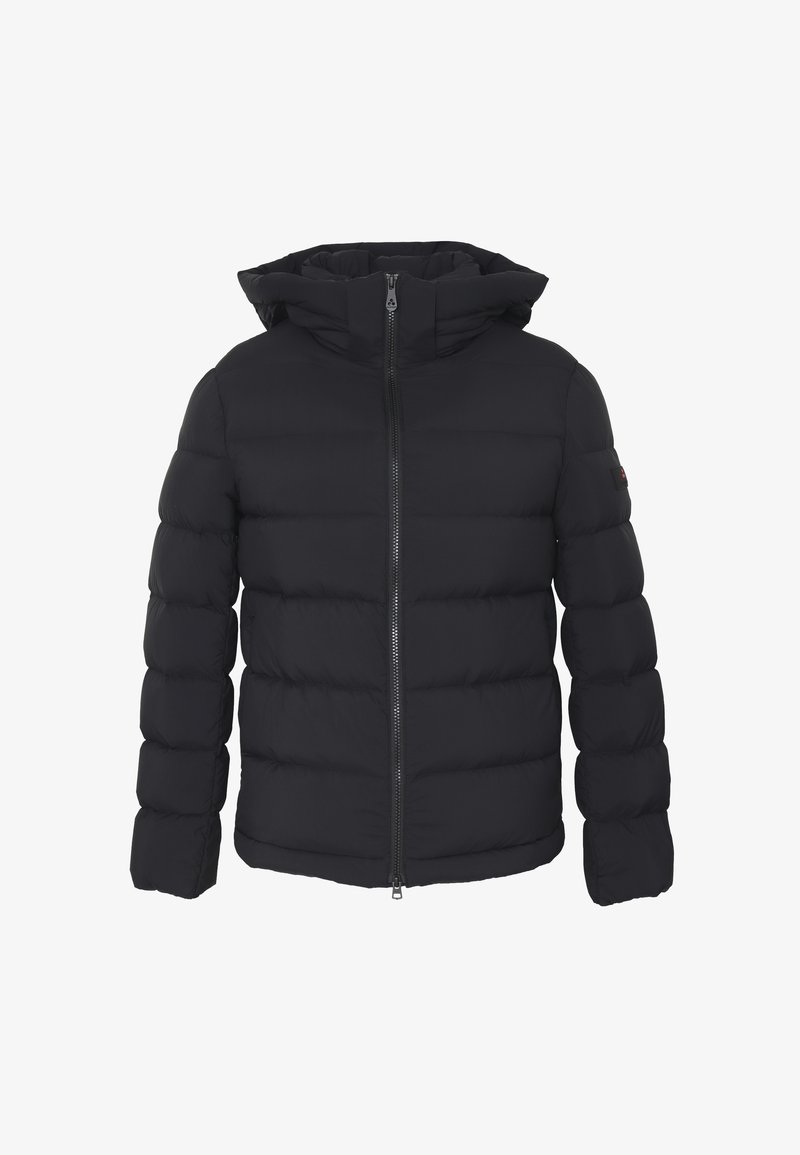 Giacca a vento nera con chiusura a zip, cappuccio e design trapuntato. Presenta una texture liscia e una vestibilità aderente. Nessun logo o motivo visibile.