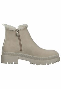 Bottines beiges avec col en fausse fourrure, fermeture éclair latérale, semelle en caoutchouc texturée et détails striés sur la semelle extérieure. Fini de surface lisse.