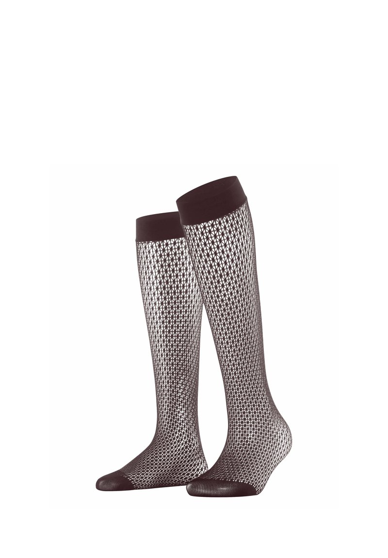 Brązowe skarpety sięgające do kolan z siateczkowym wzorem, z solidnym mankietem na górze i bezszwowym palcem. Lekkie i wzorzyste w całej długości.