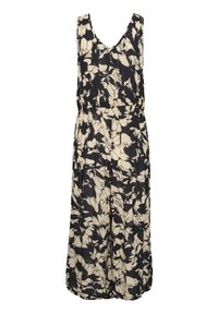 Vestido sin mangas en negro y crema con patrón floral; cintura entallada y falda fluida; hecho de una tela ligera con una textura suave.