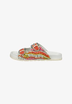 Textile sandals with a white rubber sole, adorned with multicolored woven patterns in orange, pink, yellow, and white. Features two adjustable buckles.
