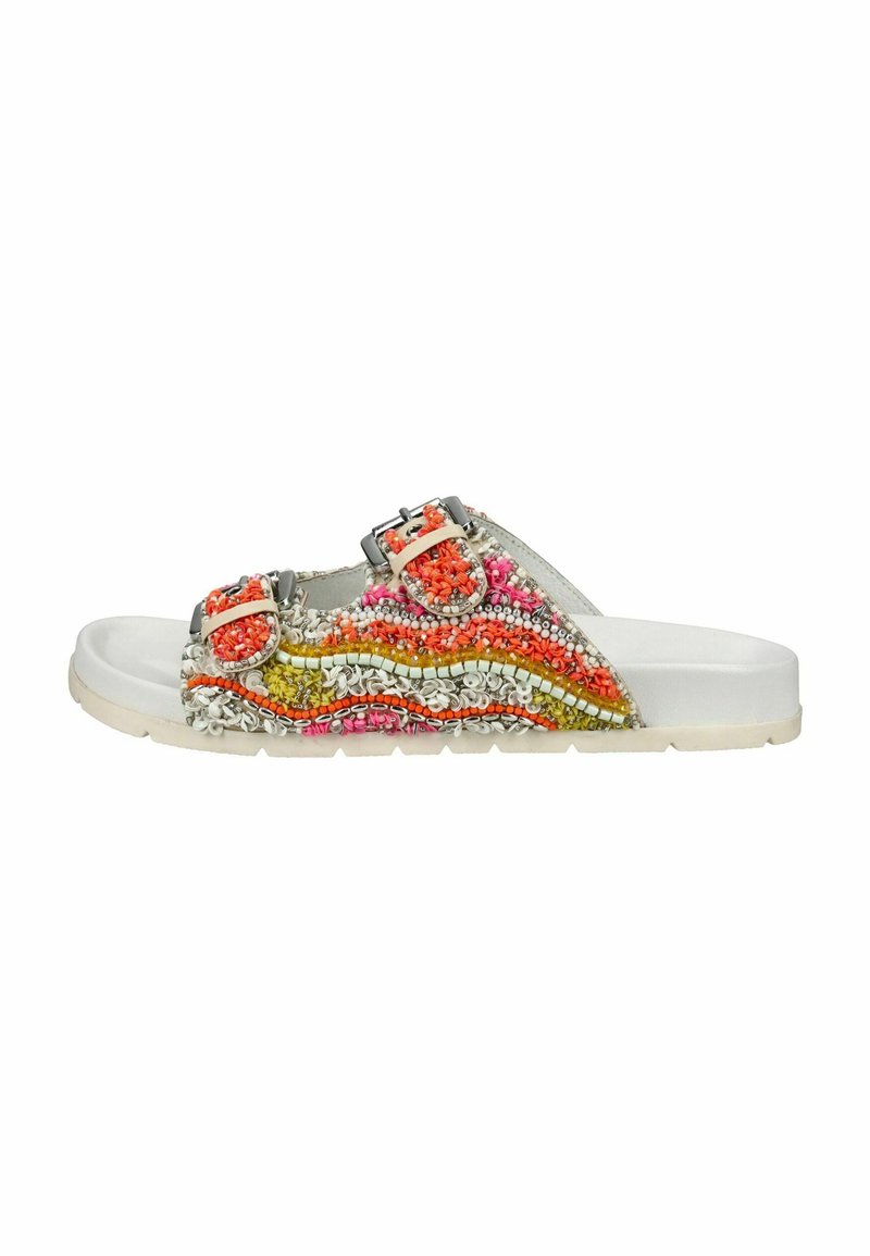 Sandali in tessuto con suola in gomma bianca, decorati con motivi intrecciati multicolore in arancione, rosa, giallo e bianco. Presentano due fibbie regolabili.