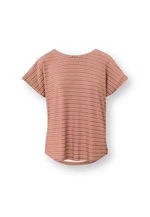 Kurzärmeliges Rundhals-T-Shirt mit horizontalen rostfarbenen und weißen Streifen, leicht gebogener Saum, auf weißem Hintergrund präsentiert.