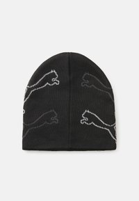 Berretto in maglia nero con una grafica grigia ripetitiva di un puma stilizzato. Texture morbida con una forma aderente e arrotondata. Accessorio classico per l'inverno.