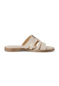 Beige leather slide sandal featuring three crossed straps and a flat wooden sole. Smooth texture with minimalistic design elements.