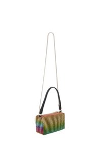 Obdélníková kabelka s multicolor silikonovým exteriérem, přecházející z červené do zelené. Má černou rukojeť a stříbrný řetězový popruh.