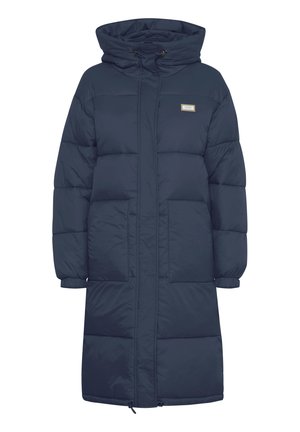Manteau matelassé bleu marine avec capuche, doté d'une fermeture éclair sur toute la longueur, de deux poches avant et de poignets élastiques pour chaleur et confort.