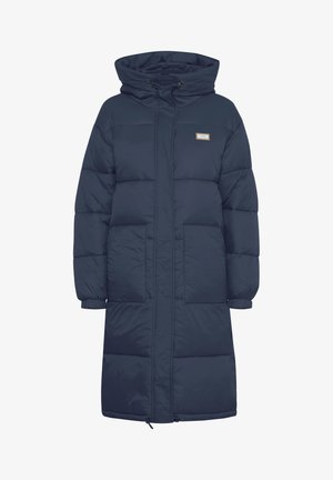 Tums zila pūkains mētelis ar kapuci, ar pilnīgu rāvējslēdzēju, divām priekšējām kabatām un elastīgām aprocēm siltumam un komfortam.