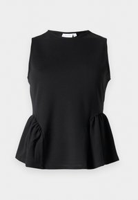 Black sleeveless top with a round neckline and gathered peplum side detail, made from smooth, stretchy fabric. Simple, clean design.