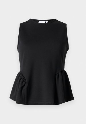 Schwarzes ärmelloses Top mit rundem Ausschnitt und gerafftem Peplum-Seitendetail, aus glattem, dehnbarem Stoff gefertigt. Einfaches, klares Design.