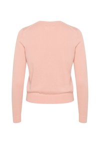 Light pink knitted sweater with long sleeves, round neckline, and ribbed hem. Smooth texture with a simple, classic design. Back view shown.