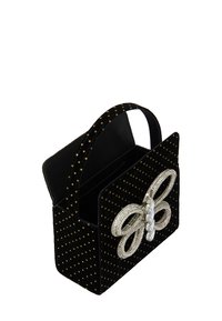 Sort fløjl handbag med guld prikmønstre, struktureret form, top-håndtag og en stor rhinestone sommerfugl accent foran.