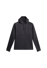 Pullover nero con cappuccio, dotato di un'apertura frontale a zip a quarto, maniche raglan e tasca sul petto con zip; texture liscia e design atletico.