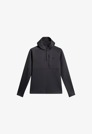 Czarny sweter z kapturem, z ćwierć zamkiem z przodu, rękawami raglanowymi oraz kieszenią na zamek na klatce piersiowej; gładka tekstura i sportowy design.