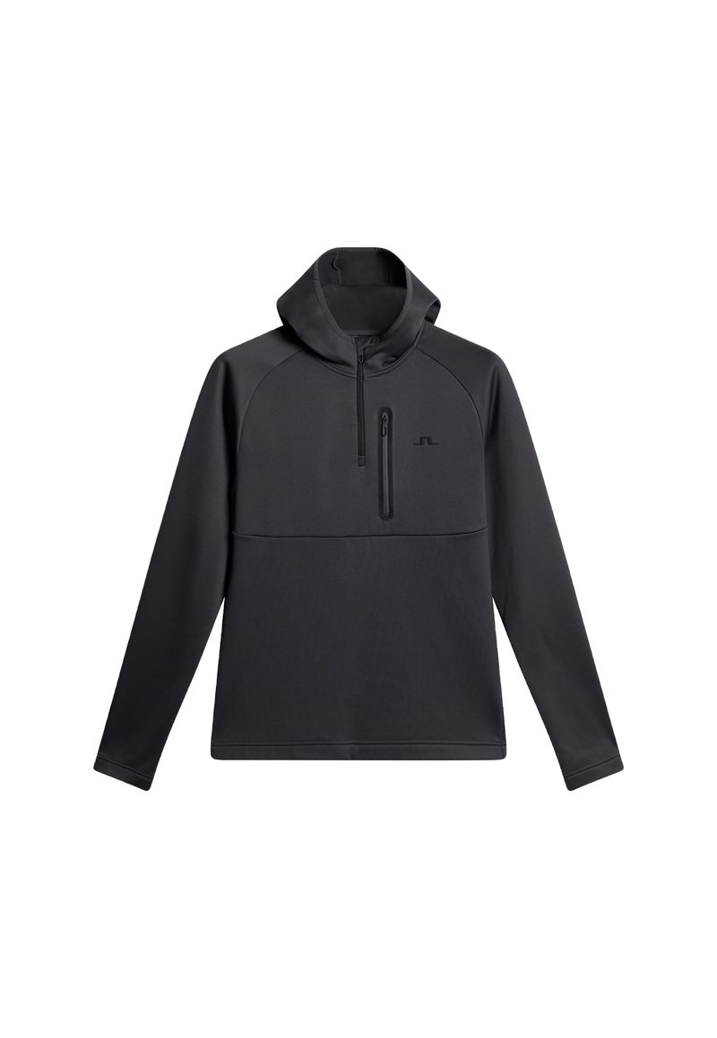 Schwarzer Pullover mit Kapuze, ausgestattet mit einem Viertel-Reißverschluss auf der Vorderseite, Raglanärmeln und einer mit Reißverschluss versehenen Brusttasche; glatte Textur und sportliches Design.