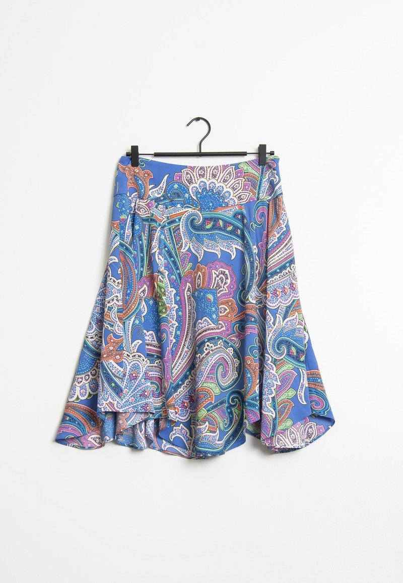 Blue paisley print skirt with a flared design. Features colorful patterns in pink, green, and white. Lightweight fabric hangs from a hanger.