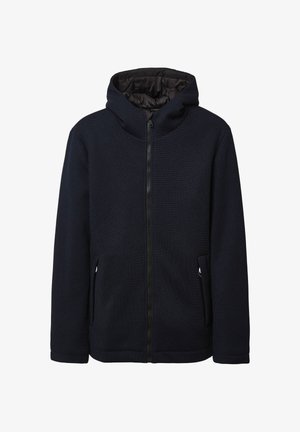 Marineblaues Zip-Jacke mit Kapuze, strukturiertem Stoff, zwei Seitentaschen und einem glatten Innenfutter. Verfügt über einen taillierten Saum und Bündchen.