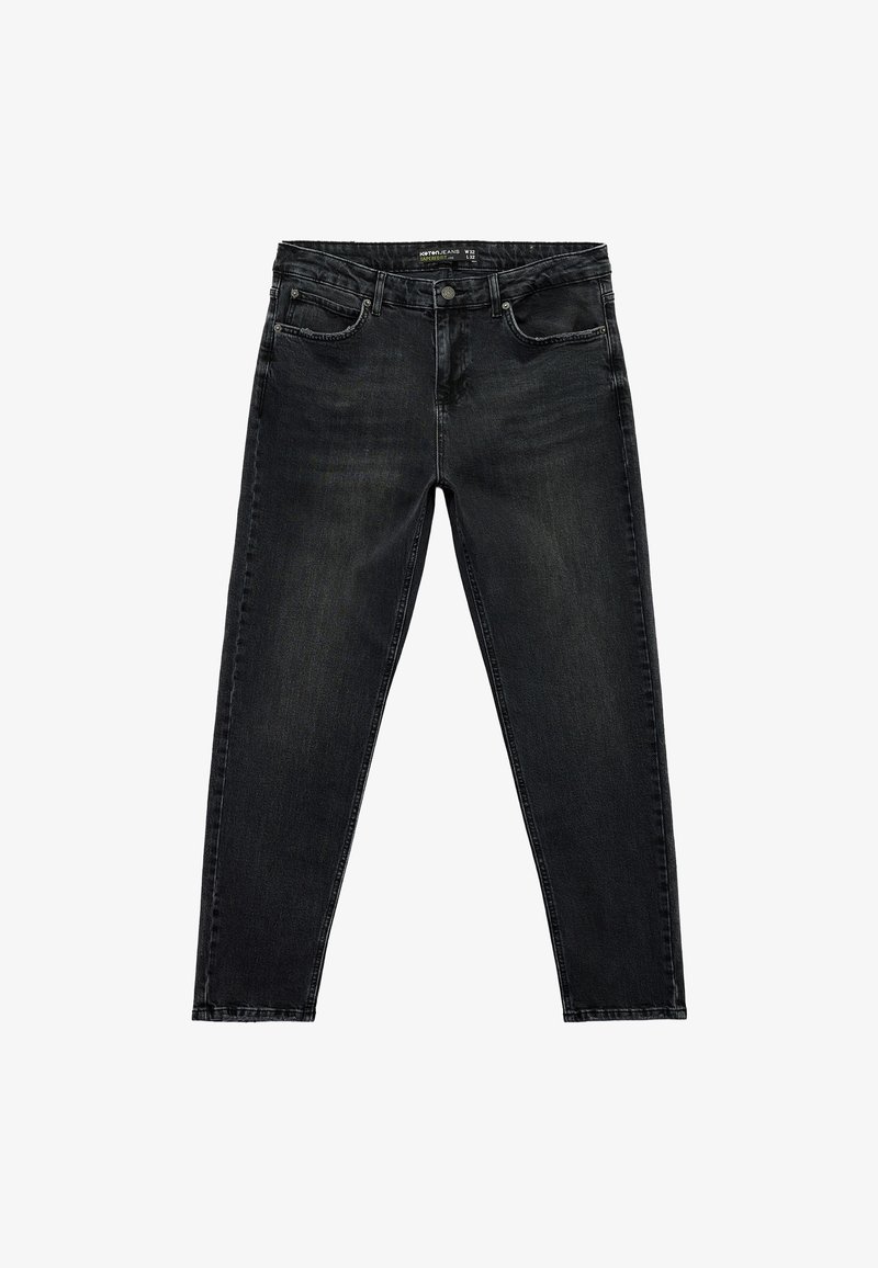 Zwarte denim jeans met een rechte pijp, voorzien van een klassieke vijf-pocketontwerp en minimale lichte vervaging aan de voorkant.