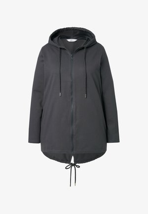 Black zip-up jacket with a hood, featuring drawstrings, long sleeves, and a curved hem. Made from smooth, lightweight fabric.