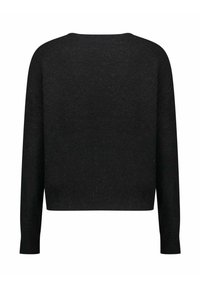 Maglione nero lavorato a maglia con scollo rotondo, maniche lunghe e vestibilità corta. La texture appare morbida e leggermente pelosa.