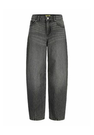 Čierne rifle z denimu s vysokým pásom, širokými nohavicami, vreckami vpredu, pútkami na opasok, zapínaním na gombíky a jemne vyblednutou textúrou.