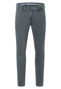 Graue Baumwollhosen mit strukturierter Optik, schmaler Schnitt, fünf Taschen und Knopfverschluss. Mit "TIMEZONE"-Branding am Bund.