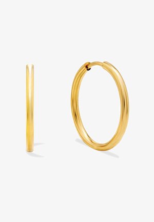 Cercei rotunzi, nuanță aurie, cu o formă netedă și rotunjită, profil subțire și design de închidere fără cusături. Finisaj lustruit pentru strălucire.